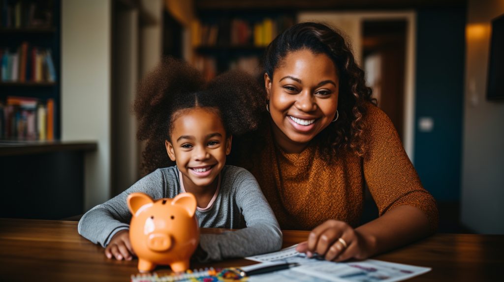 Financial literacy. African American mother and her daughter are at home, counting their savings using a piggy bank