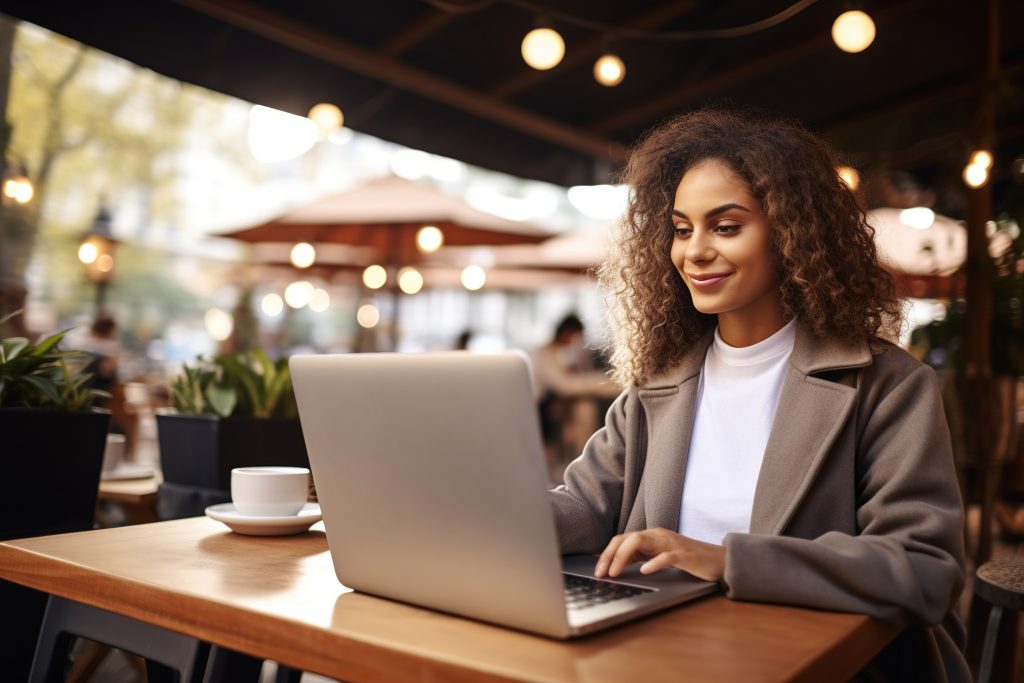 Woman freelancer with curly hair sitting at table working on laptop in cafe