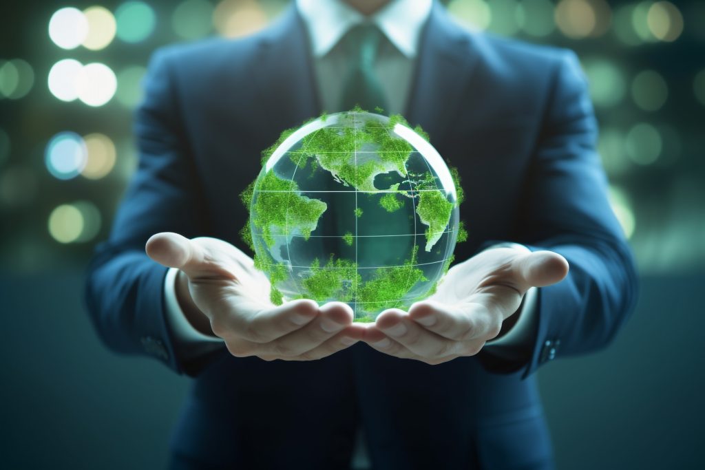 ESG environmental social governance business strategy investing concept. Businessman holding green earth globe world .Ethical and sustainable investing. Enhance ESG alignment of investments.