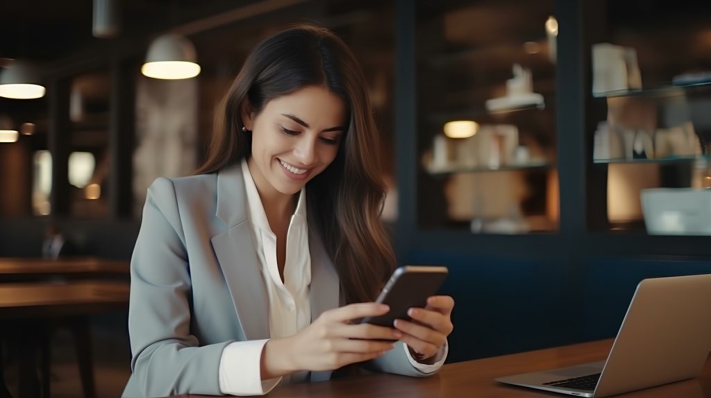 Eine glückliche weibliche Fachkraft in eleganter Anzugkleidung überprüft neue Finanzinformationen über eine App auf einem Smartphone in einem Café. 